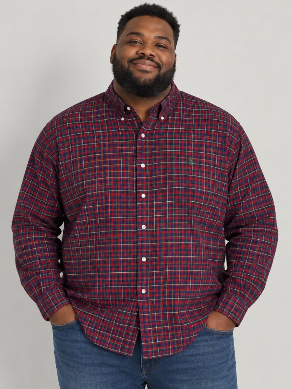 Ralph Lauren Mens XXL Classic Fit Red Navy Green Yellow Plaid Button Down Shirt